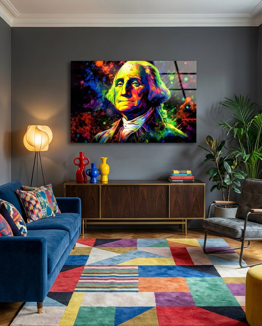 Neon Splatter George Washington Glass Wall Art