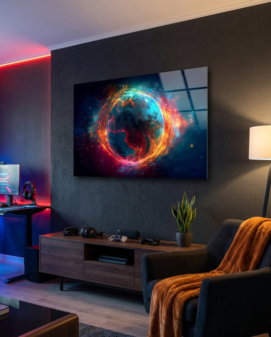 Fiery Orbit Blue Earth Globe Glass Wall Art