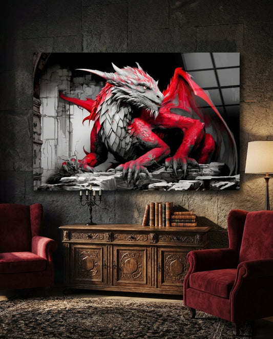 Crimson Red Winged Dragon Glass Wall Art
