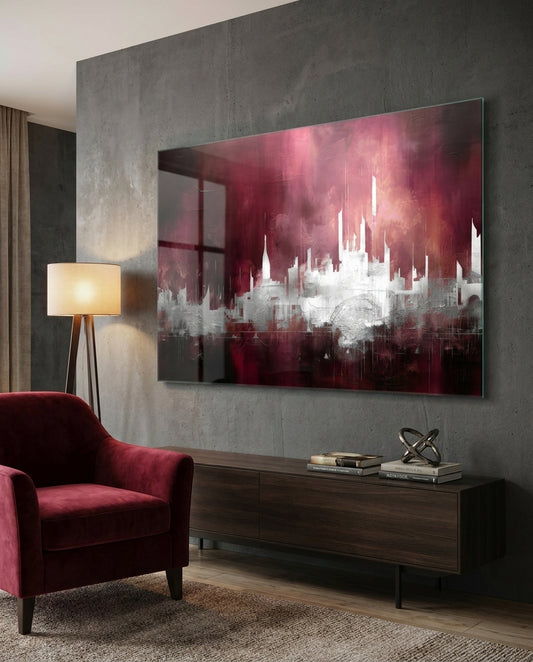 Crimson Mist Abstract Skyline Glass Wall Art