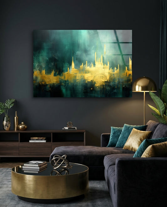 Golden Skyline Teal Mist Glass Wall Art