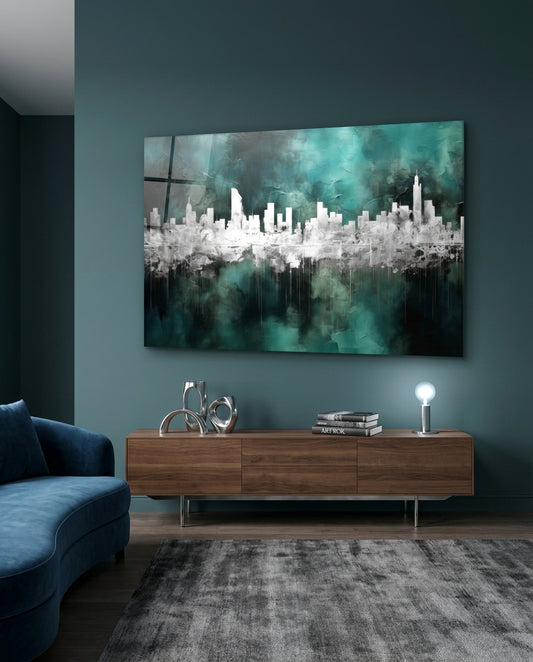 Teal Reflected City Skyline Glass Wall Art