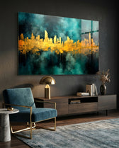 Gold Reflected Skyline Teal Glass Wall Art