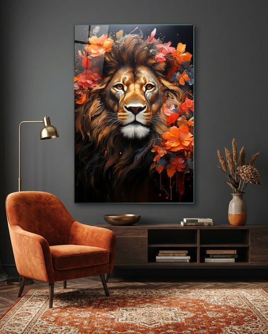 Floral Crown Lion Face Glass Wall Art