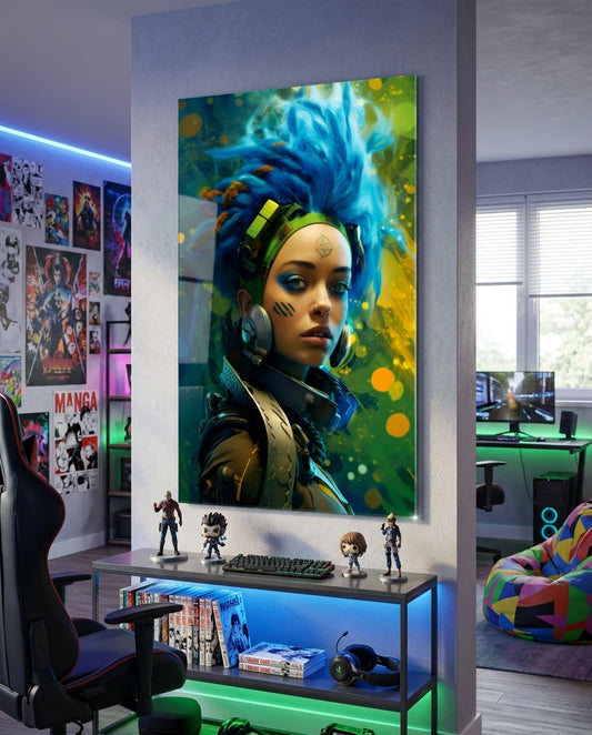 Blue Haired Cyber Warrior Green Glow Glass Wall Art