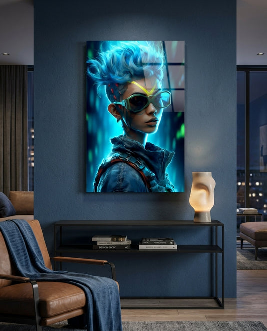 Blue Mohawk Cyber Girl Neon Visor Glass Wall Art