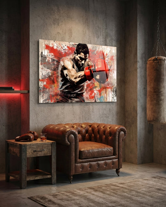 Red Splatter Gloves Boxer Glass Wall Art