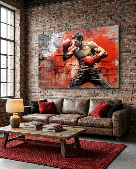 Red Wall Crouching Boxer Glass Wall Art