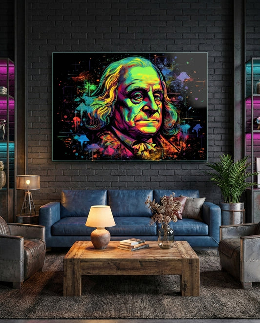 Blacklight Neon Benjamin Franklin Glass Wall Art