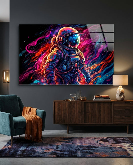 Neon Nebula Astronaut Glass Wall Art