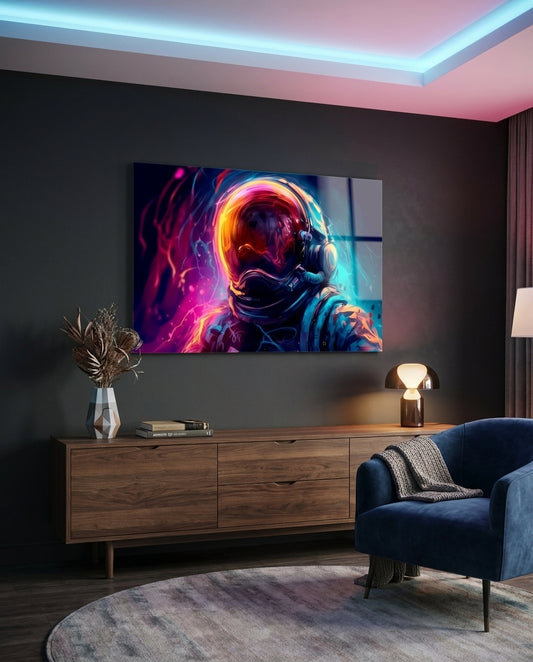 Glowing Helmet Astronaut Glass Wall Art