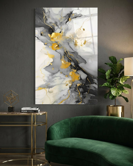 Gold Veined Charcoal Marble Swirl Glass Wall Art