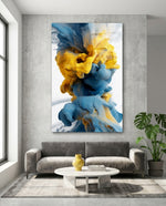 Blue And Yellow Ink Swirl Abstract Glass Wall Art