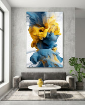 Blue And Yellow Ink Swirl Abstract Glass Wall Art