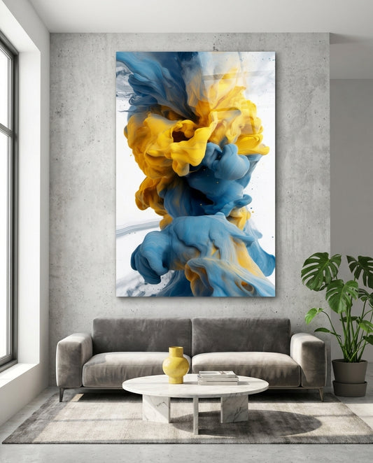 Blue And Yellow Ink Swirl Abstract Glass Wall Art