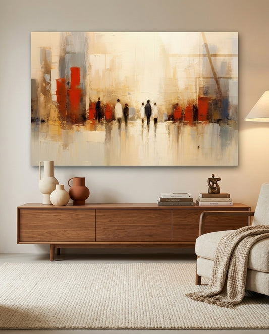 Beige Cityscape Walking Figures Glass Wall Art