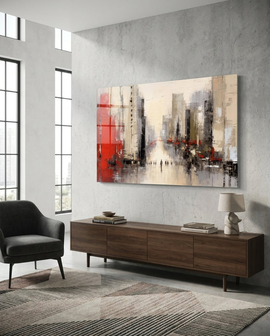 Red Accent City Street Figures Glass Wall Art