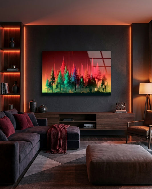 Neon Red And Green Pine Forest Glass Wall Art