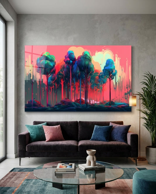 Dripping Paint Pink Treetops Glass Wall Art