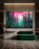 Magenta Sky Teal Pine Forest Glass Wall Art