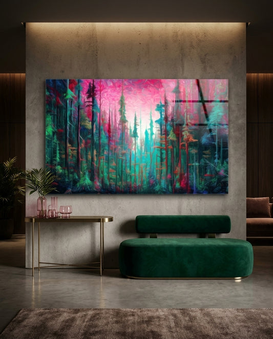 Magenta Sky Teal Pine Forest Glass Wall Art