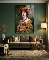 Klimt Style Floral Crown Portrait Glass Wall Art
