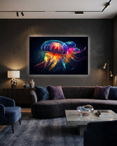 Neon Jellyfish Pair Cosmic Glow Glass Wall Art