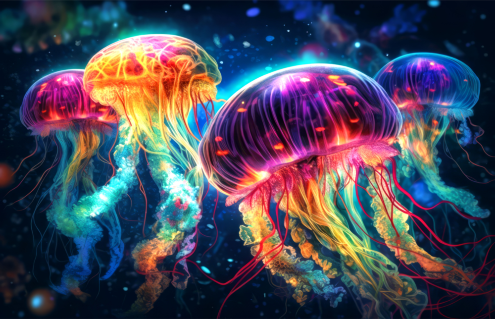 Neon Jellyfish Glass Wall Art || Designer Collection