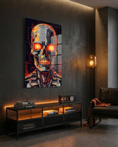 Glowing Eyes Metal Skull Glass Wall Art