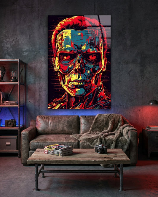Red And Yellow Pop Cyborg Face Glass Wall Art