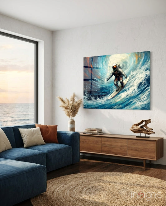 Surfing glass wall art displayed above a low sideboard in a coastal living room