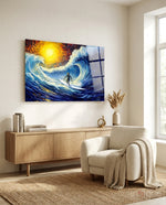 Waves glass wall art displayed above a sideboard in a coastal living room