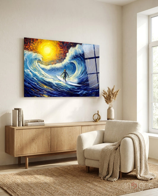 Waves glass wall art displayed above a sideboard in a coastal living room
