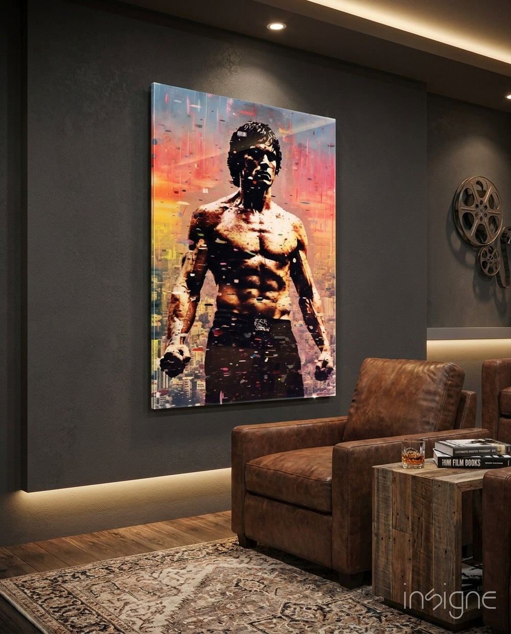 Lee glass wall art displayed above a leather sofa in a man cave