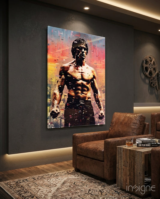 Lee glass wall art displayed above a leather sofa in a man cave
