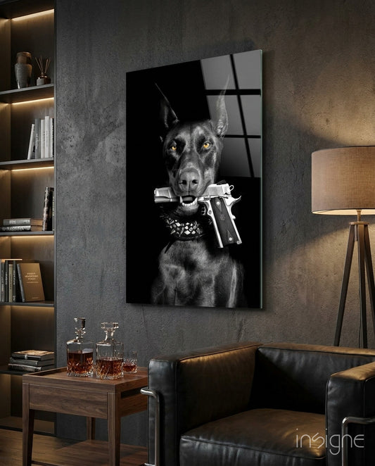 Gun Dog glass wall art displayed above a sideboard in a man cave