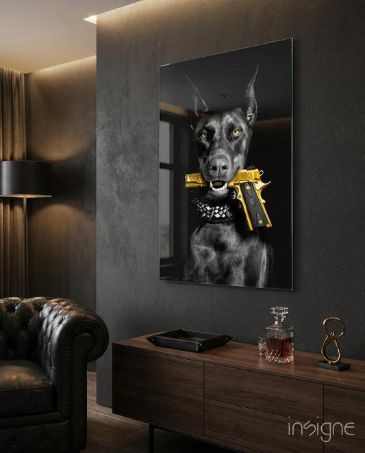 Gun Dog glass wall art displayed above a sideboard in a man cave