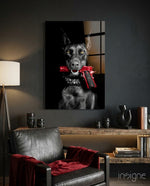 Gun Dog glass wall art displayed above a sideboard in a man cave