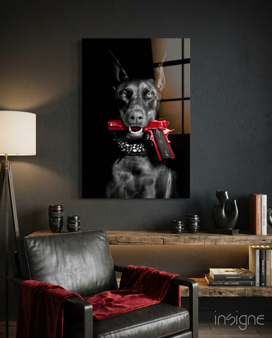 Gun Dog glass wall art displayed above a sideboard in a man cave