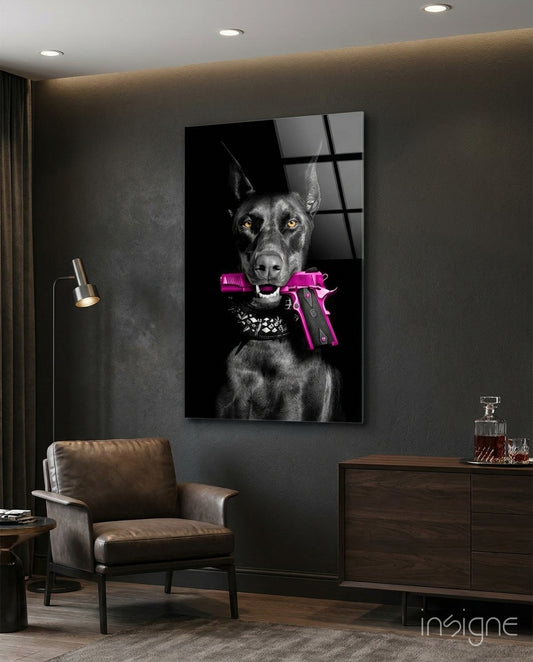 Gun Dog glass wall art displayed above a sideboard in a man cave