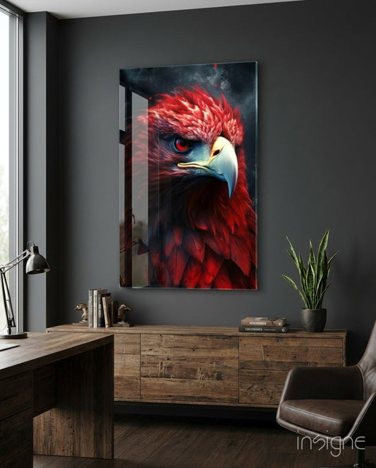 Red Eagle glass wall art displayed above a desk in an executive office