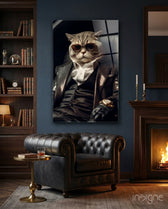 The Boss glass wall art displayed above a leather chair in a study