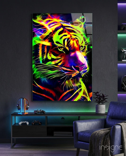 Neon Tiger glass wall art displayed above a console in a teen den
