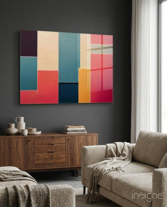 Rectangles glass wall art displayed above a sideboard in a living room