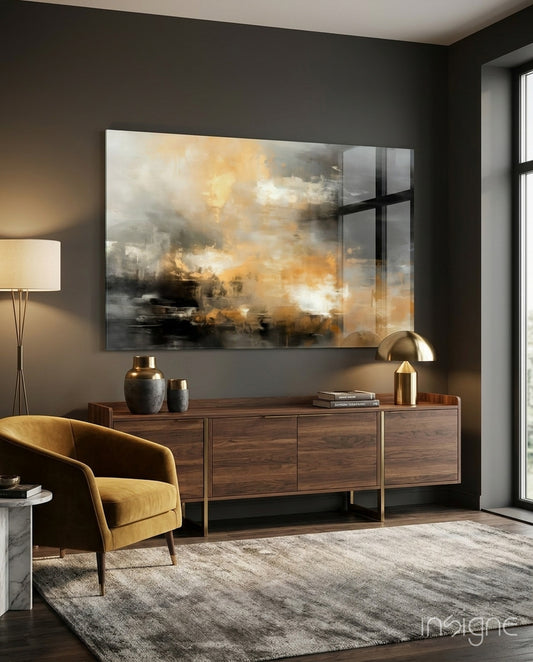 Abstract glass wall art displayed above a sideboard in a living room