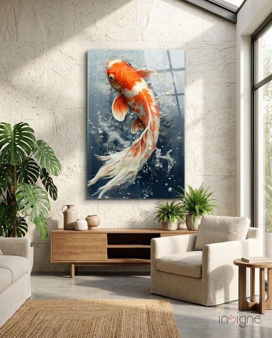Angelfish glass wall art displayed above a sideboard in a sunroom