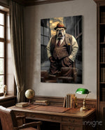 Bulldog in a Suit glass wall art displayed above a desk in a study