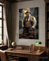 Bulldog in a Suit glass wall art displayed above a desk in a study