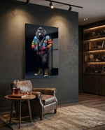Gorilla Bro glass wall art displayed above a leather chair in a man cave