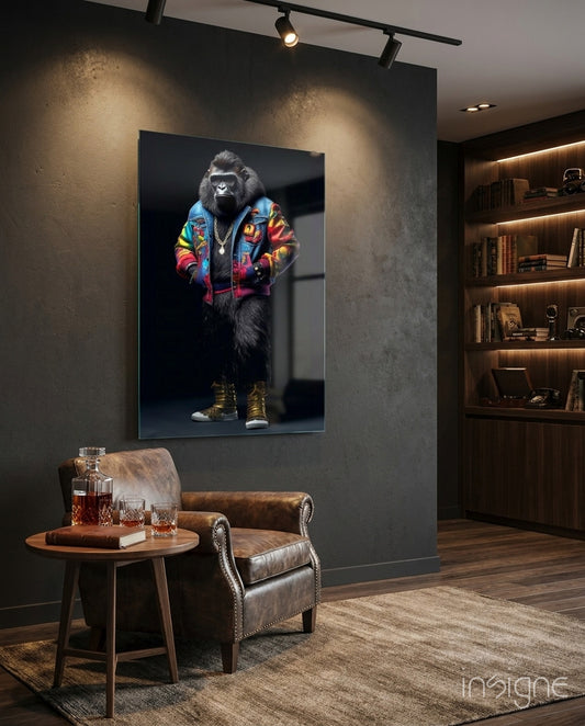 Gorilla Bro glass wall art displayed above a leather chair in a man cave